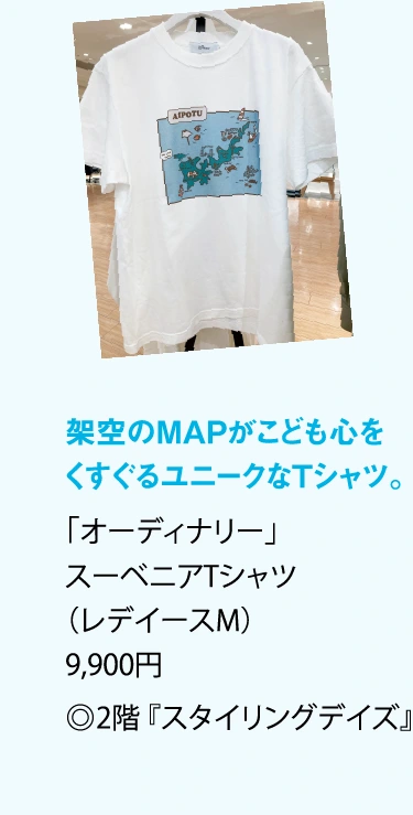 架空のMAPがこども心を
						くすぐるユニークなTシャツ。
						「オーディナリー」
						スーベニアTシャツ
						（レデイースM）
						9,900円
						◎2階 『スタイリングデイズ』
						