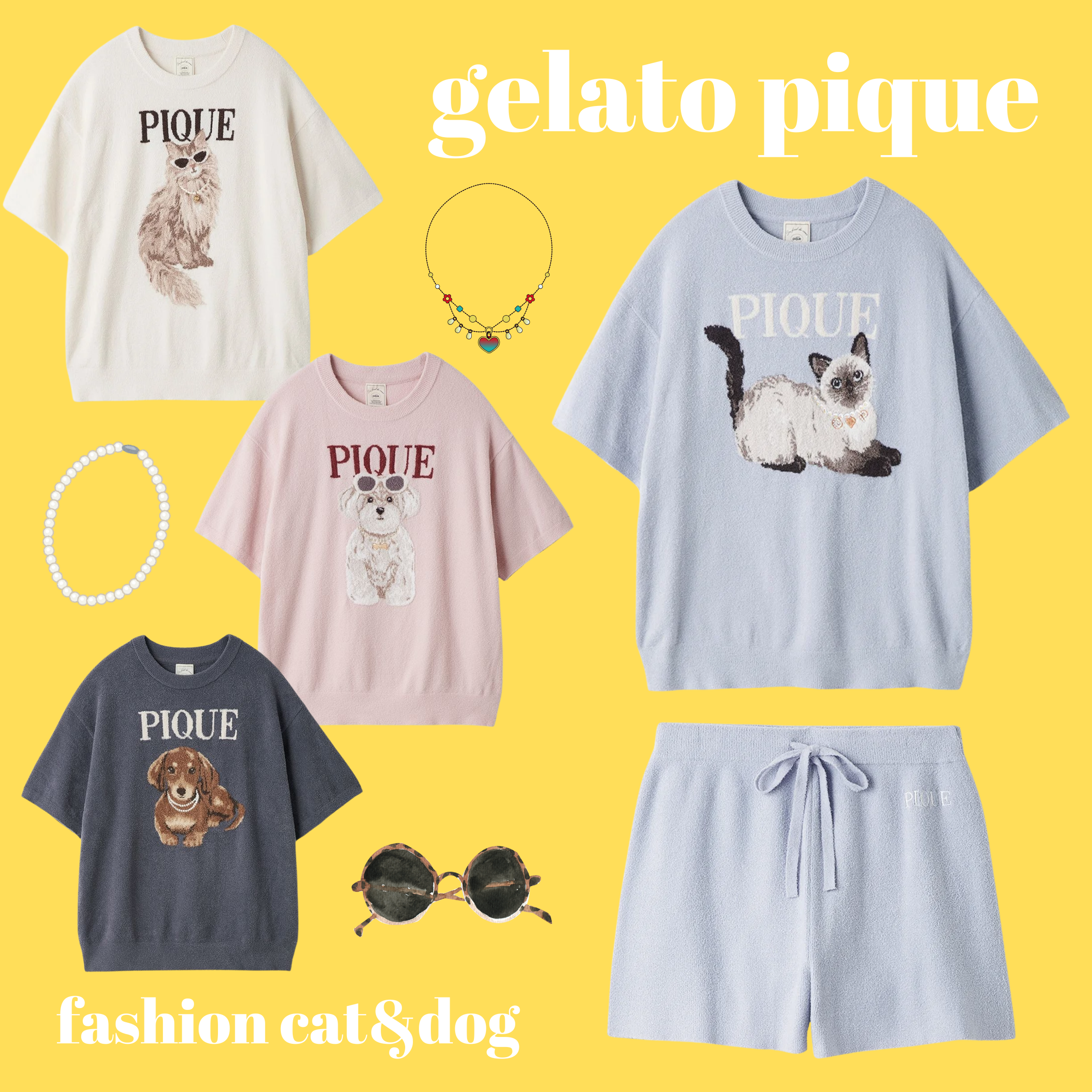 【値下げしました！】ジェラートピケ 猫刺繍 ルーウェアセット Fサイズ ジェラートピケ」おしゃれを楽しむ猫や犬をあしらった～ファッション